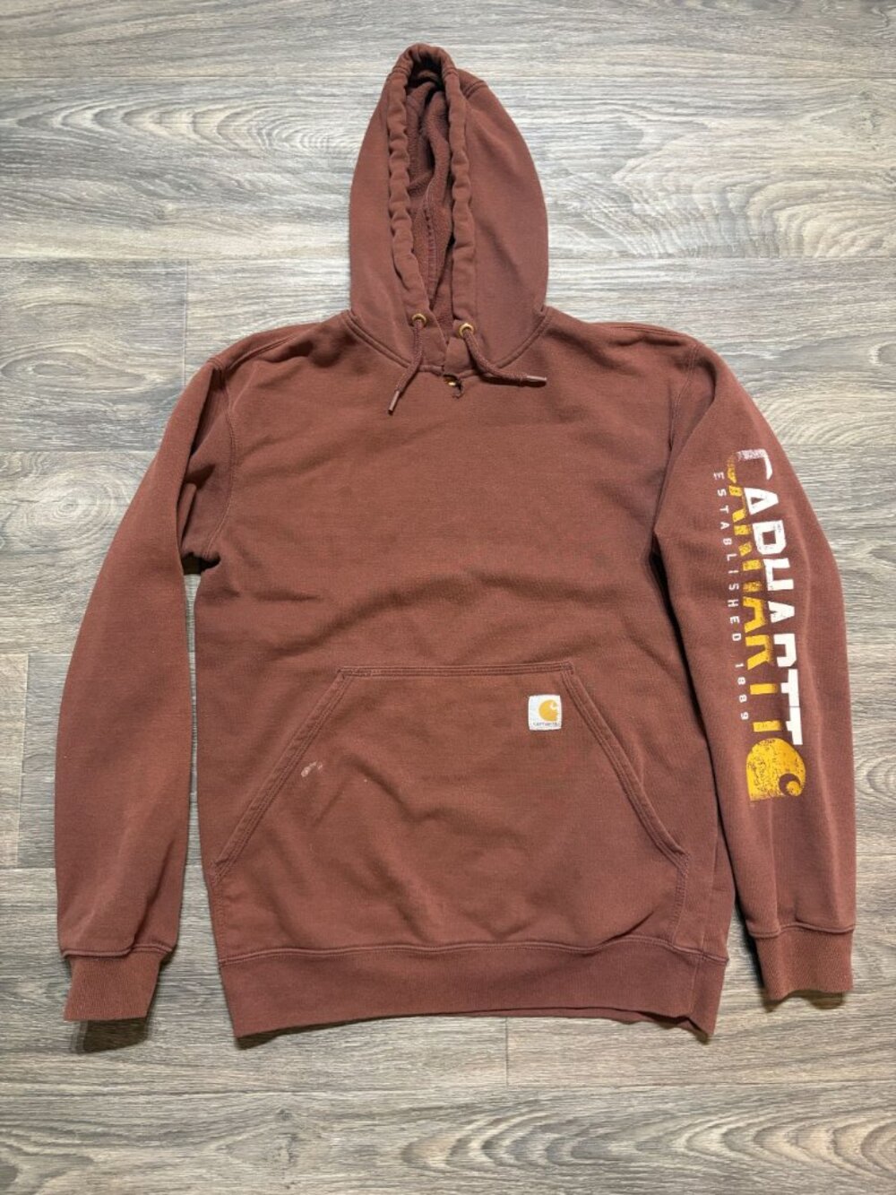 Carhartt Brown Hooded Sweatshirt Small Heavyweight Logo Sleeve Pullover Workwear